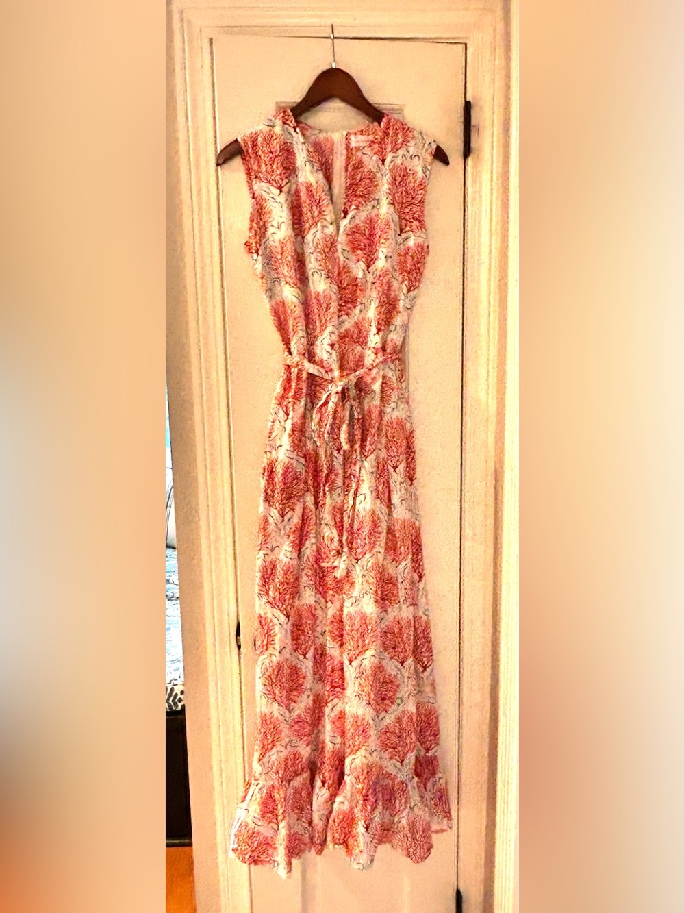 Mary Marshmallow Coral and Cream Printed Maxi Dress with Tie Waist